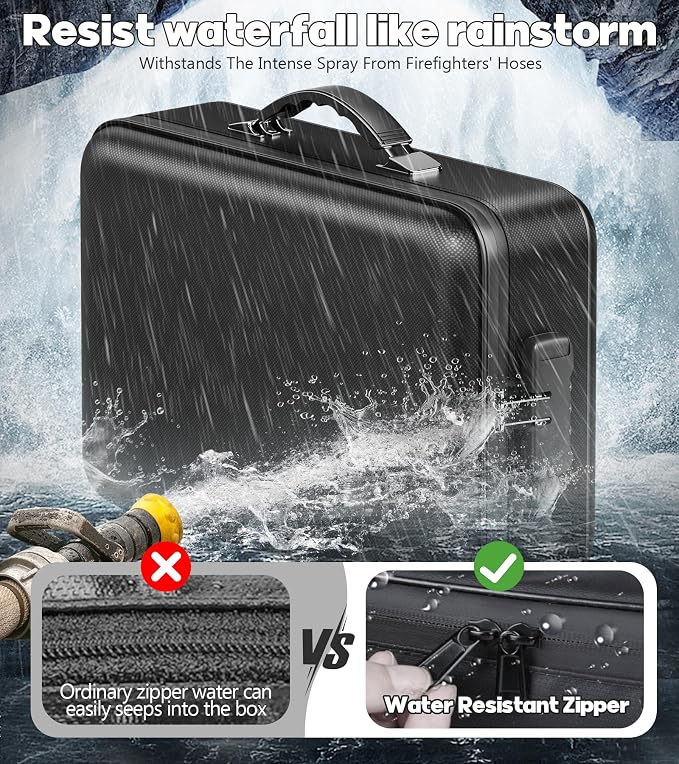 Fireproof Document Box, Hard Case Highly Flame-Resistant Fire Proof Waterproof File Organizer with Lock, Portable Fire Safe for Important Documents & Valuables Storage (Black, ‎16"*12"*5")