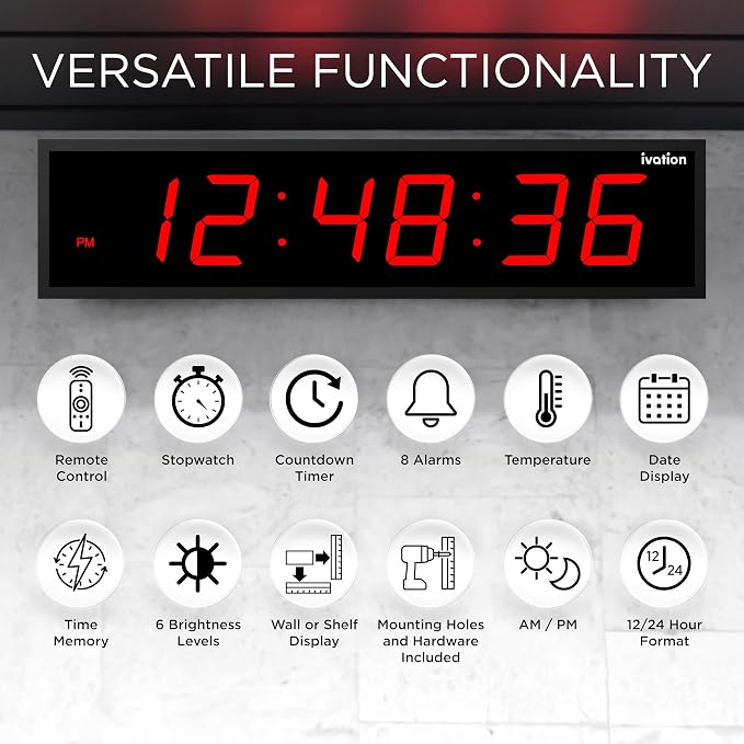 Ivation Huge Oversized 48" Large Digital LED Clock | Big Digital Clock w/Multi-Function Display – Stopwatch, Timer, Alarms, Temp & Date | 6 Brightness Levels, Time Memory & Remote (Red)