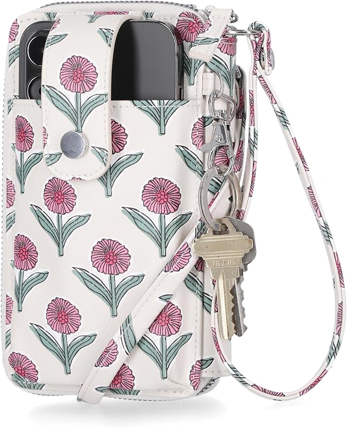 Mundi Jacqui RFID Crossbody Wallet for Women, Vegan Leather Small Travel Handbag with Phone Holder, Compact Organizer with Card Slots and Removable Strap, Vacation Purse in Dear Daisy