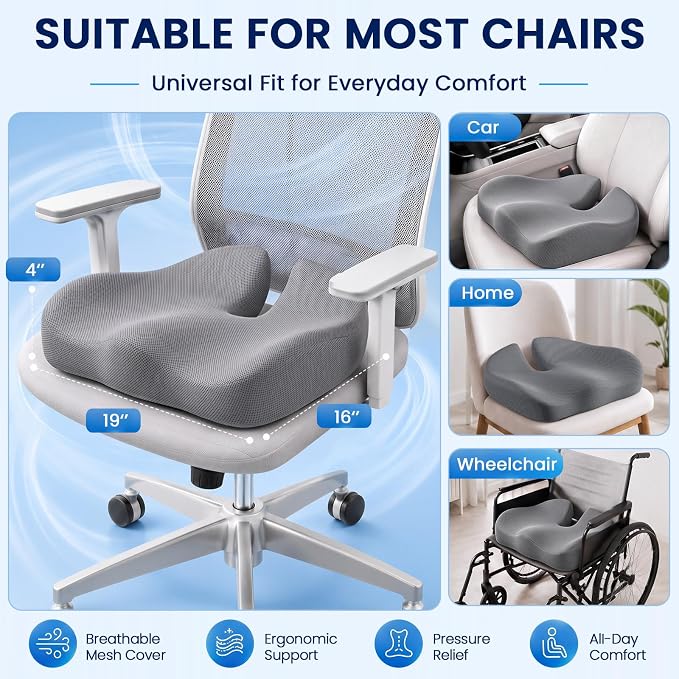 CJACSOC Seat Cushion, Extra Large Memory Foam Cushion for Office Chair Cushions, Ergonomic Cushions Pad Pillow for Pressure Relief Sciatica & Pain Relief for Long Sitting, Grey