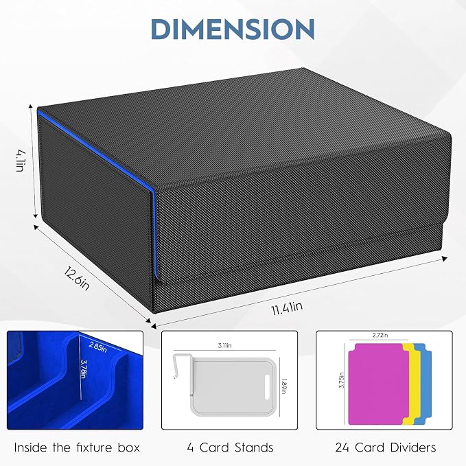 Trading Card Storage Box, 3200+ MTG Card Storage, 4 Row TCG Card Organizer Box with 24 Colorful Dividers and 4 Stands, Bulk PKM Storage, Deck Case Holder Fits for YuGiOh, Game Cards (Black & Blue)