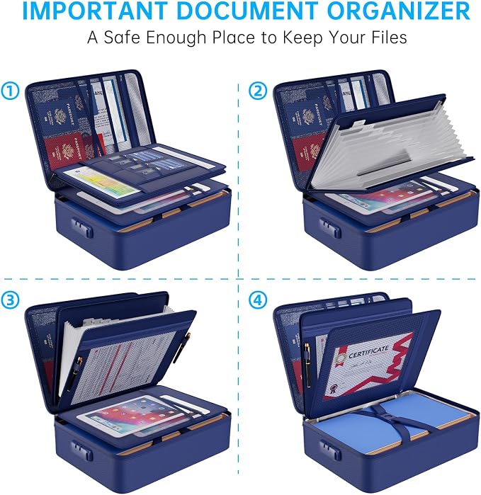 ENGPOW Fireproof Document Organizer Bag with Lock ＆ Accordion File Folder | 5200℉ Multi-Layer File Organizer Box with Lock ,Heat Insulated, Water Resistant, Safe Storage for Home Office Travel, Blue