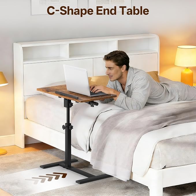 Overbed Table with Wheels Rolling, Adjustable Mobile Bedside Desk | Flip-Top, Laptop Table, C Shaped End Side Table for Couch, Sofa, Bed, Recliner and Home Use, Large Brown