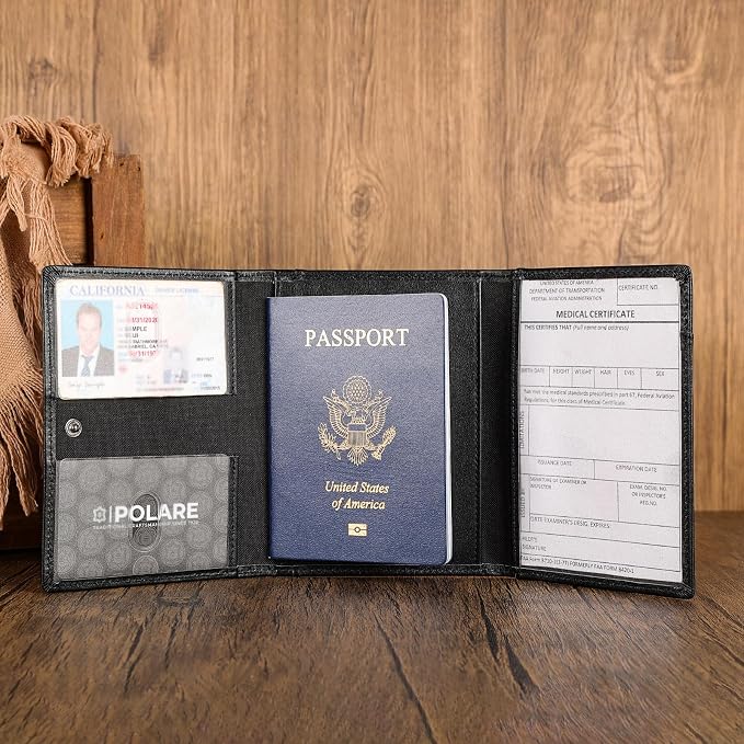Polare Napa Leather Pilot Wallet Passport Holder RFID Blocking Tri-fold Travel Cover Document Organizer for Aviation Professionals (Black)