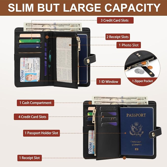 Small Wallet Women RFID Blocking Vegan Leather Slim Thin Bifold Credit Card Wallet Passport Holder Ladies Travel Wallet Mini Purse with Zipper Pocket