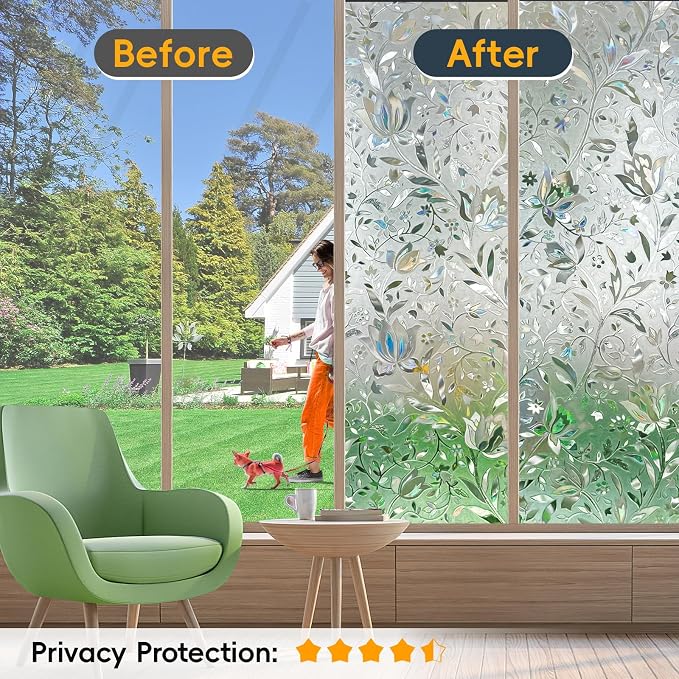 Rainbow Window Privacy Film Decorative, Stained Glass Windows Tint for Home, 3D Decals Clings for Glass Windows, Static Cling Window Sticker, Suncatcher Cover,35.4" by 157.4"