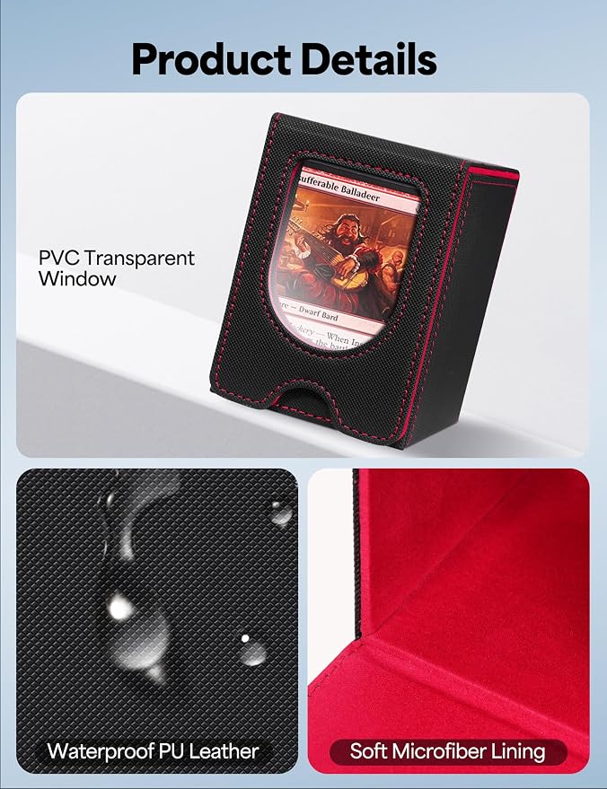 Card Deck Box for MTG Commander, Card Case Holds 100+ Double-Sleeved Cards, Magic Card Box Fits for TCG/PTCG/CCG Card with 2 Dividers (Black&Red)