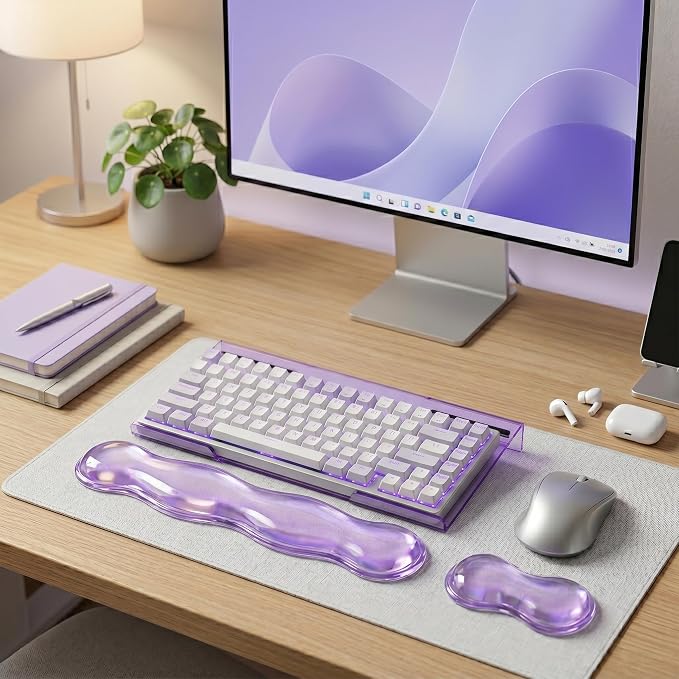 Computer Keyboard Stand Pad with Gel Wrist Rest Keyboard Pad Support with Comfortable Wrist Pad Easy Typing Ergonomic Tilted Acrylic Transparent Keyboard Riser Holder for Desktop Office Home Purple