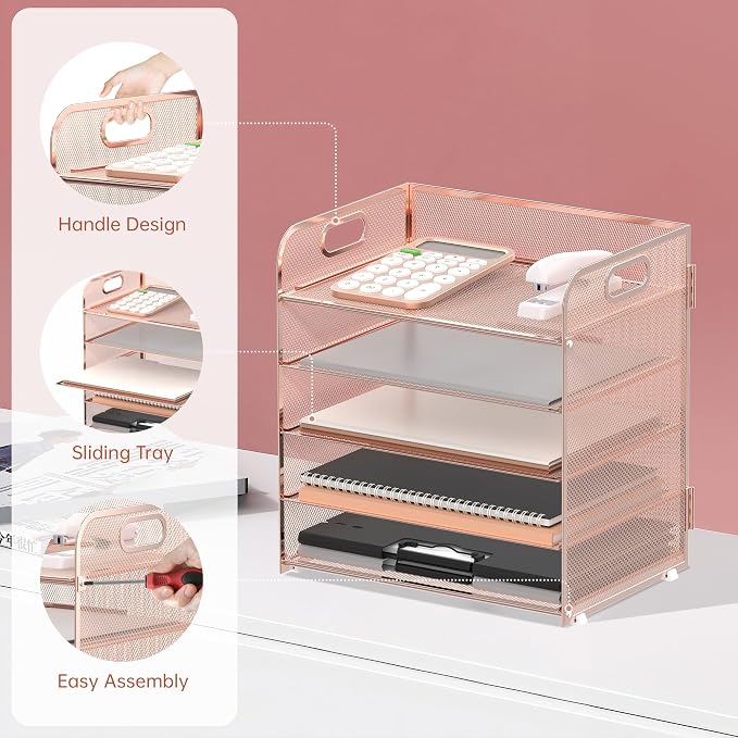 5 Trays Paper Organizer Letter Tray with Handle-Mesh Desk File Organizer, Paper Sorter Desk Organizer for Office, Home or School (Rose Gold)