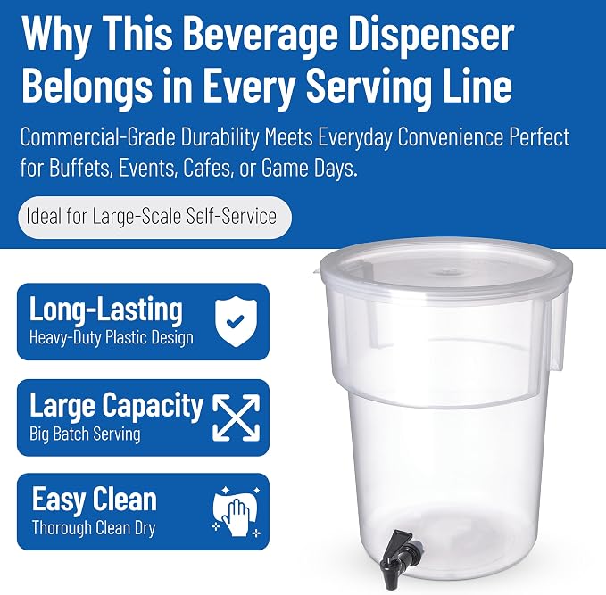 Carlisle FoodService Products Round Beverage Dispenser Drink Dispenser with Spigot for Catering, Plastic, 5 Gallons, Clear