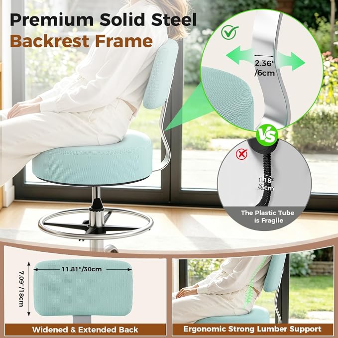 Office Drafting Chair with Footrest, Tall Height Adjustable Stool with Back Support, Heavy Duty Rolling Stool Chair with Wheels for Office Home Kitchen Bar Shop Guitar Studio Vanity, Mint Blue
