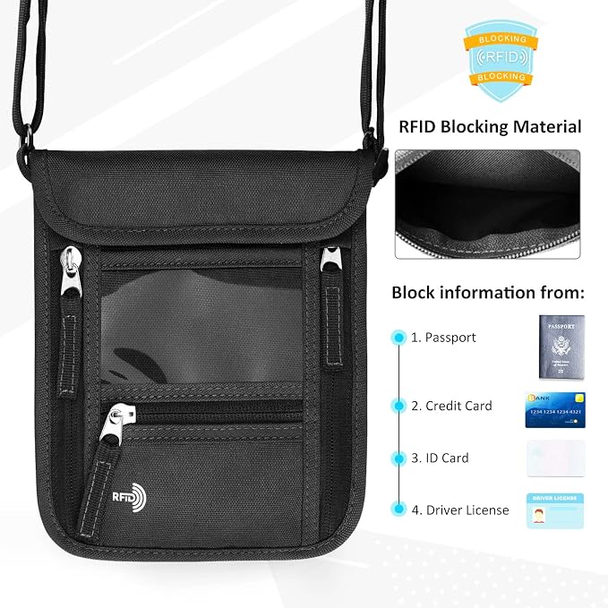 WALNEW Passport Holder Neck Pouch Travel Wallet for Women and Men, RFID Blocking Security Slim Traveling Wallet with Around Neck Lanyard Strap, Black | Around Neck Lanyard Strap, Travel Safety Anti Theft Bag, Neck Wallet for Traveling Women Men