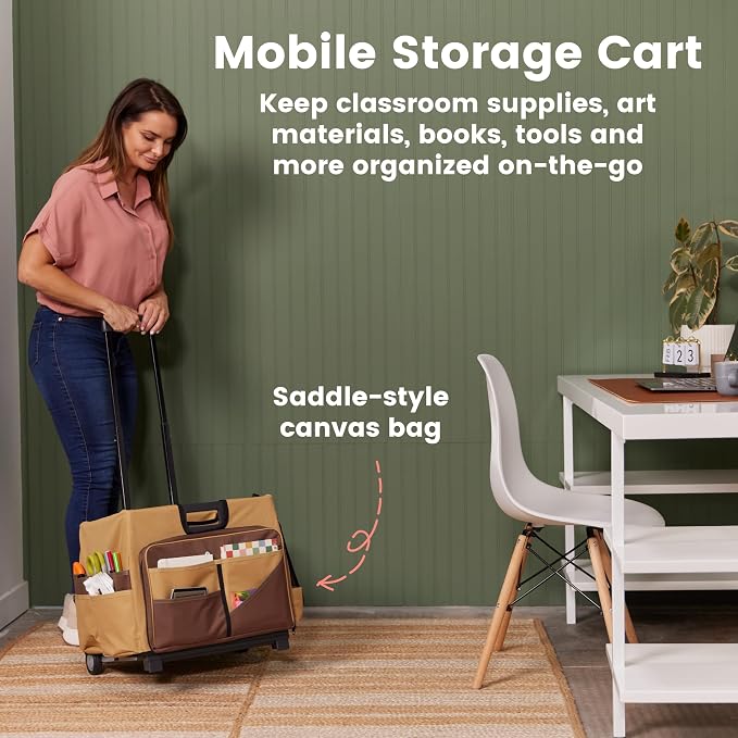 ECR4Kids Universal Rolling Cart with Canvas Organizer Bag, Mobile Storage, Dark Grey/Grey | Durable plastic, 30 compartments, adjustable handle, 40 lb capacity, collapses to 3" thick, rolling wheels for easy transport