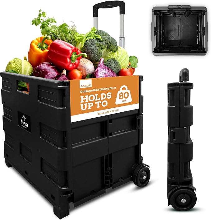 Collapsible Ultra-Slim Pack-N-Roll, 2 Wheel Utility Cart , With Telescopic Handle - Super Strong up to 80 Lbs Load Capacity, Black