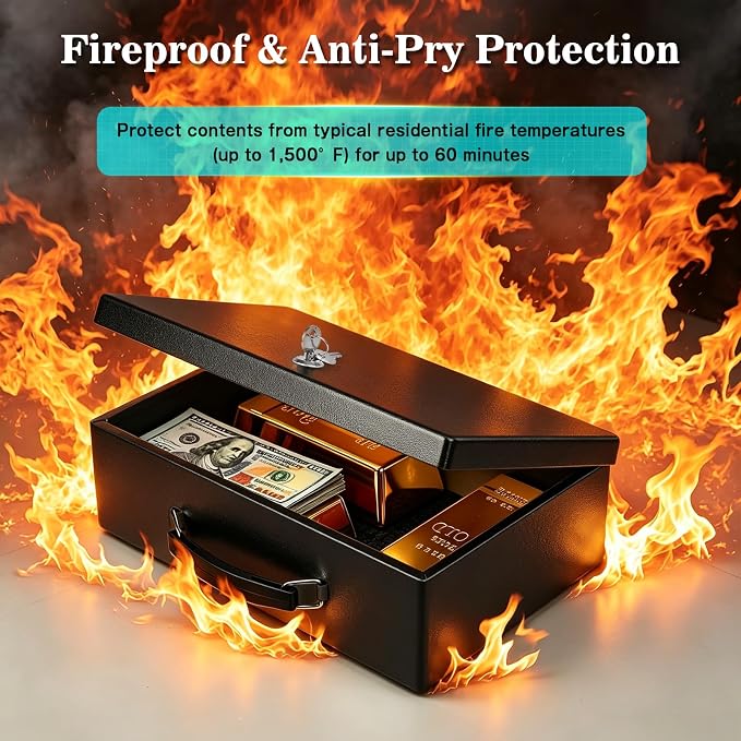 xydled Fireproof Document Box with Key Lock, Fire Safe Box, Black | Fire and water resistant lock box for documents, passports, cash and valuables, keeping secure at home, 12.8 x 8.5 x 4.5 Inch
