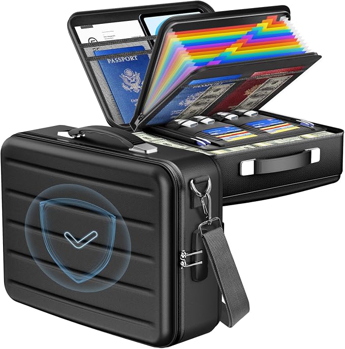 Fireproof Document Box with Lock, Hard-Shell Fireproof Safe Box | Fire proof Lock Box for Home Documents, Portable Travel Fire Proof File Box for Passport Laptop Certificates, Black