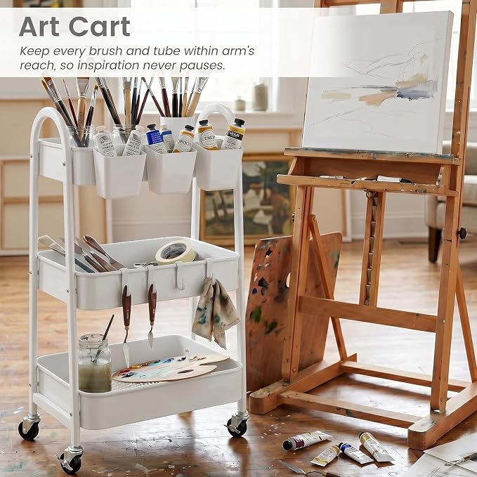 3-Tier Rolling Cart, Utility Cart Mobile Metal Rolling Storage Cart with Lockable Wheels & Hanging Cups & Hooks for Kitchen, Bathroom, Office, Workshop, White