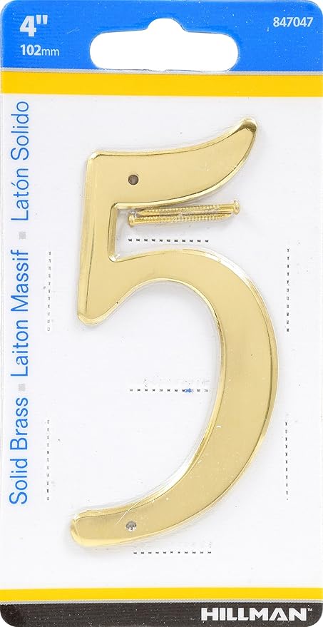 Hillman 847047 4-Inch Nail-On Traditional Solid Brass House Number 5 (Pack of 2)