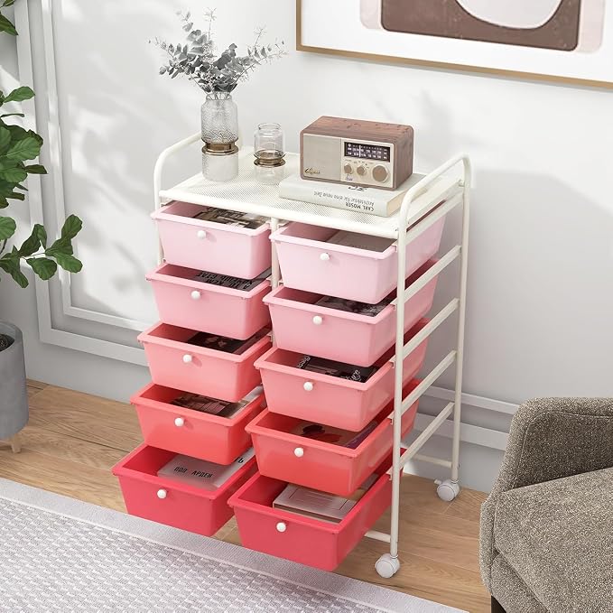 10 Drawer Rolling Cart, Storage Cart Organizer on Wheels, Drawer Cart with Metal Frame & Large Storage Capacity, Rolling Cart with Drawers for Living Room Classroom, Office