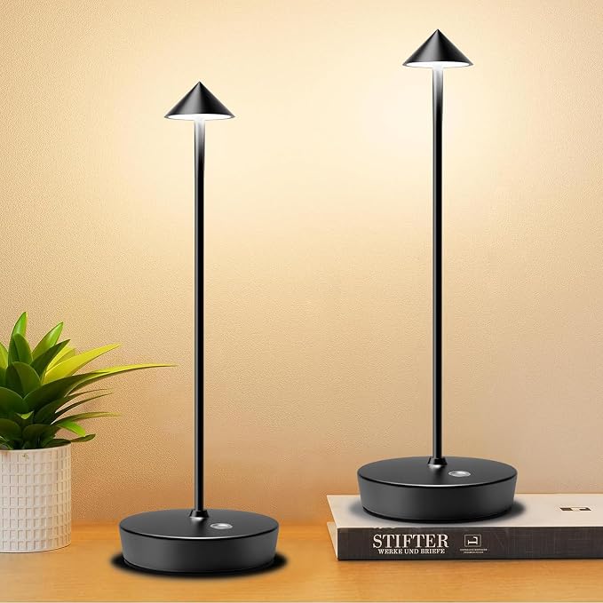 Set of 2 Cordless Rechargeable Led Table Lamp Battery Operated Light Black | 6000mAh Desk Lamp Touch 3 Color Dimming Portable Outdoor Waterproof Table Light for Patio/Restaurant/Dining/Home