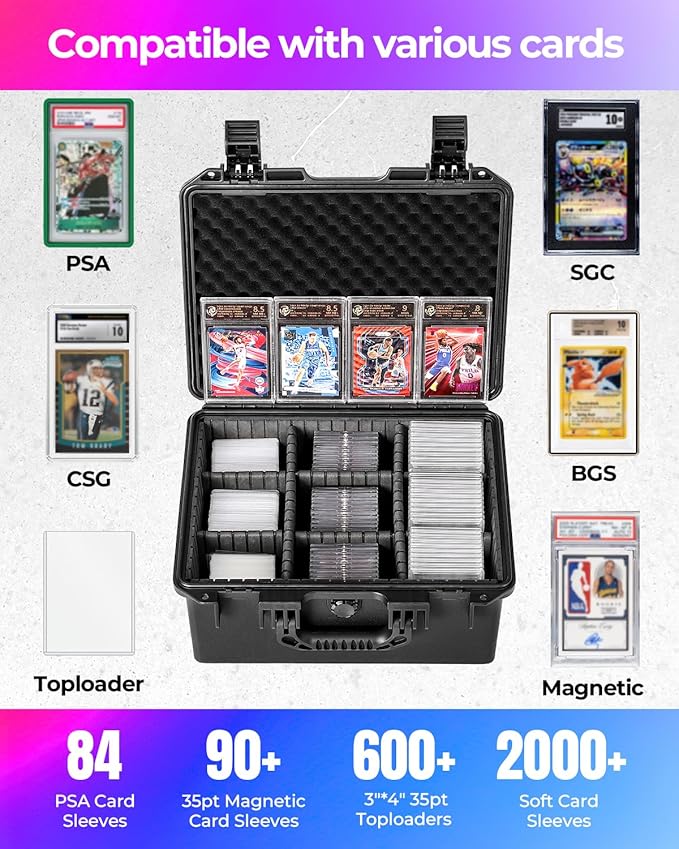 Card Cases for Sports Trading Graded Cards Holder Storage Box Organizer | Waterproof Hard Case Organizer for Baseball Slab PSA BCW MTG TCG Zion Top Loader Rigid Magnetic Card Sleeve with Adj-Dividers