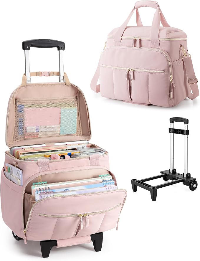 Marscamd Rolling Teacher Bag with Accordion File Organizer for Work | 15.6" Laptop Compartment, Detachable Trolley & Crossbody Strap, Womens Briefcase Tote with Wheels (Pink))