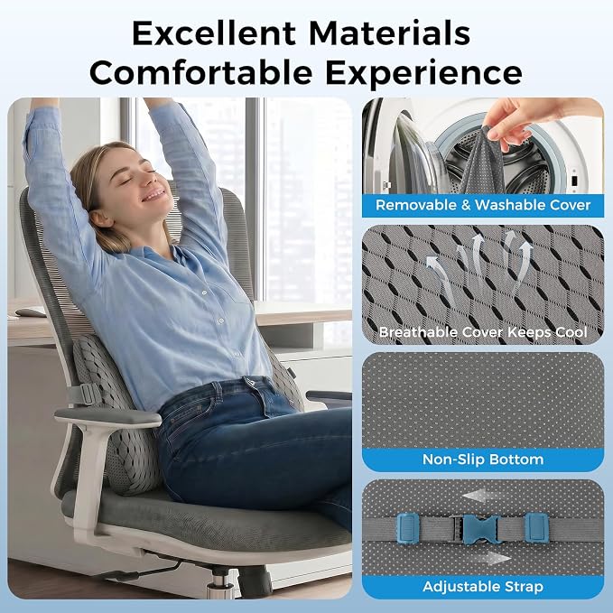 Lumbar Support Pillow for Car & Office Chair - High-Density Memory Foam for Sciatica & Lower Back Pain Relief - Non-Slip Back Support Cushion for Long Commutes & Desk Workers (4D Mesh Gray)