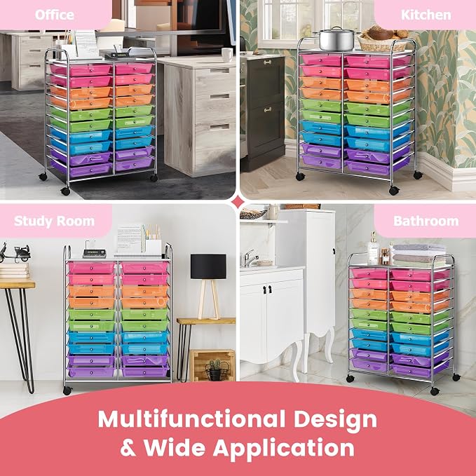 RELAX4LIFE 20 Drawer Rolling Storage Cart, Mobile Rolling Cart w/Drawers for School Classroom Teacher Office Home Salon, Paper File Art Supply Craft Organizer, Utility Cart on Wheels (Rainbow)