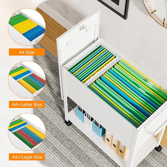 Mobile File Cart, 2-Tier Rolling File Cart with Wheels Hanging Files, Metal File Cabinet with Lock and Sliding Covers for A4/Letter/Legal Size, White