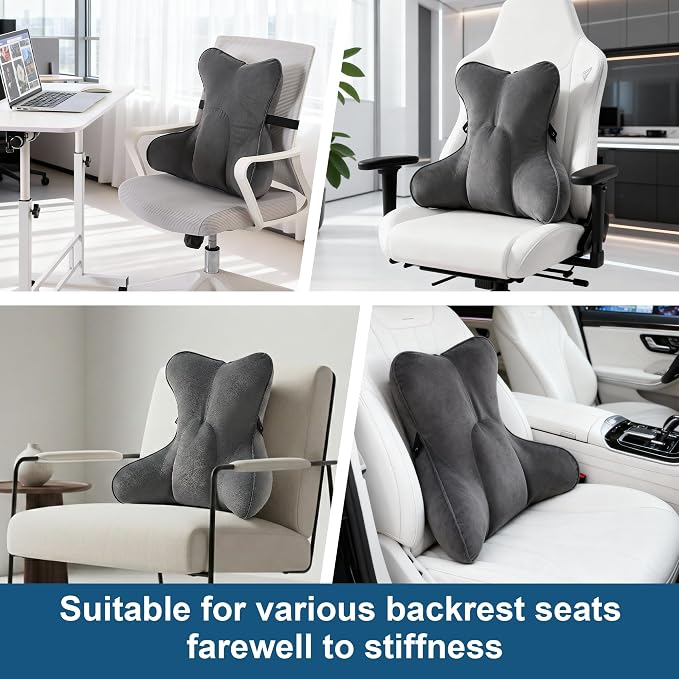 Lumbar Support Pillow (Pat. Pend) for Office Chair, Couch, Recliner & Car Seat, Ergonomic Back Support for Lower Back Comfort, with Adjustable Strap to Stay in Place, Steel Gray