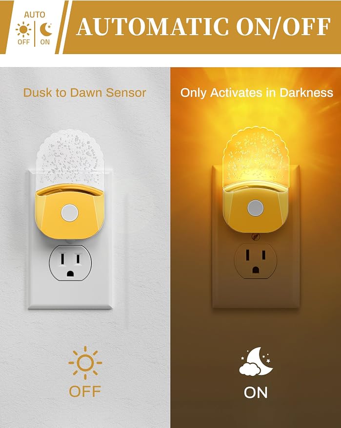 DORESshop 8-Color RGB LED Night Lights Plug Into Wall [2 Pack], Color Changing Night Light with Dusk to Dawn Sensor for Bathroom Decor, Children Room, Golden Cover