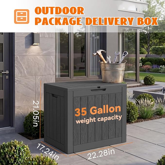 35 Gallon Package Delivery Boxes for Outside, Resin outdoor storage bin with a wood-grain pattern, Storage Cabinet for Parcel Shipping & Storage