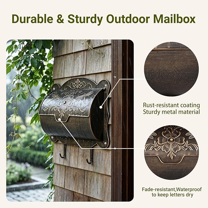 Wall Mount Mailbox with Newspaper Holder, Upgraded Embossed Vintage Mailbox Wall Mount, Dragonfly & Floral Decorative Front Porch Antique Mailboxes, Mail Boxes for House Outside Garden