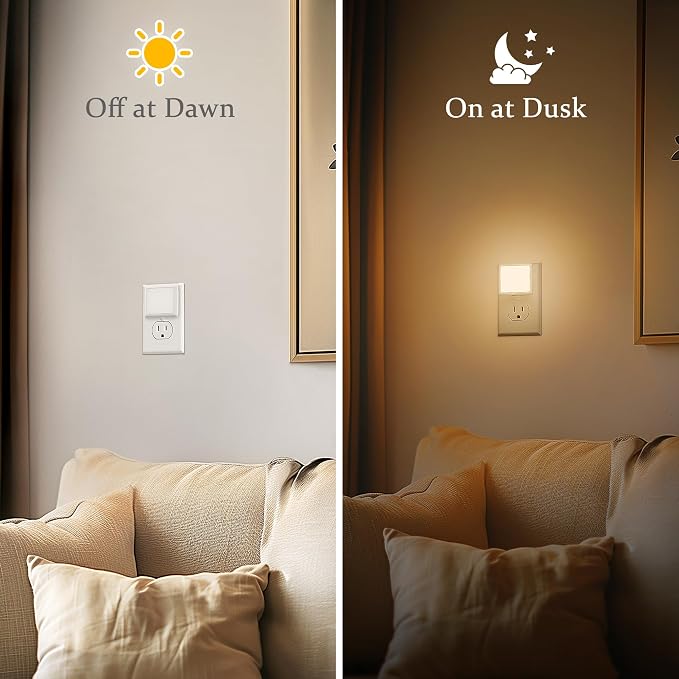 JandCase LED Night Lights - 2 Pack, Soft White Night Lights with Dusk-to-Dawn Sensor for Bedroom, Bathroom, Stairs, Hallway