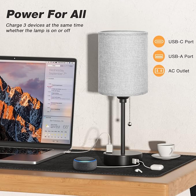 Small Bedside Table Lamp for Bedroom - Desk Lamp with USB Ports for Dorm | USB A+C Ports, AC Outlet, 3 Color Temperatures, LED Bulb Included, Grey Fabric Shade, Matte Black Base, 14" Night Stand Lamp