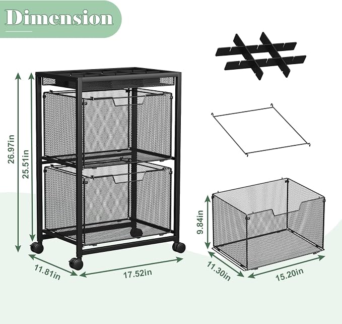 Rolling File Cart with 2 Drawers, Under Desk Storage Cabinet with DIY Divider, Letter/Legal Mobile Filling Cabinet on Wheels, Hanging File Folders Organizer, Metal Utility Cart for Home Office, Black