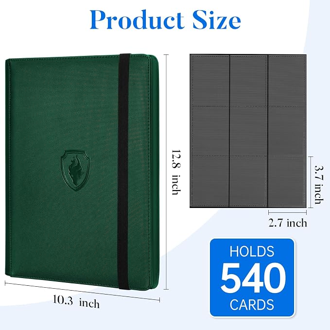 Premium 9 Pocket Card Binder for 540 Cards, Fabmaker PU Cover Trading Card Binder, Sturdy Card Collection Album, Sleek Card Holder Folders for Game Cards & Sports Cards, Dark Green