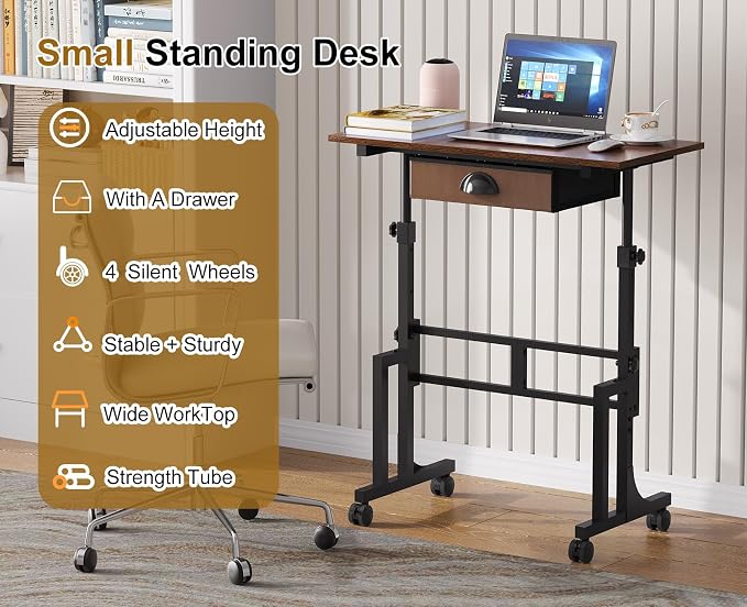 Adjustable Height Standing Desk With Drawer, Rolling Sit Stand Up Desk With Wheels, Small Sit To Stand Computer Desk, Adjustable Desktop Height, On Wheels, Brown, For Walking Pad Laptop Treadmill