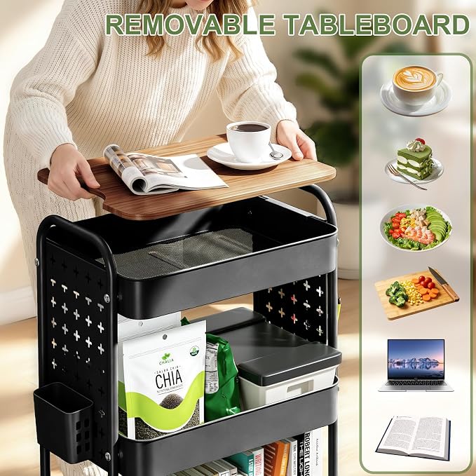 3 Tier Rolling Cart with DIY Pegboard, Metal Utility Cart with Table top | Sturdy Storage Organizer Cart with 360°Swivel Wheels& Locking Wheels, Hooks& Cups for Office, Classroom, Kitchen and Bathroom