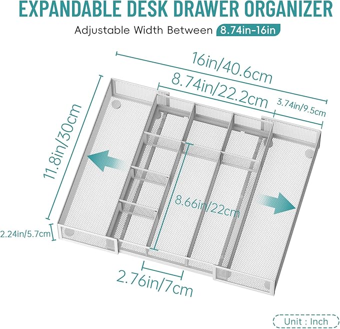 Expandable Desk Drawer Organizer Tray with 10 Adjustable Compartments, Metal Mesh Office Drawer Organizer, Versatile Desk Organizer for Home, School Supplies, Makeup Vanity & Jewelry (White)