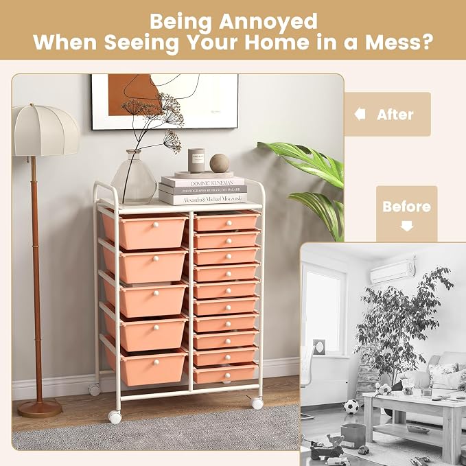 15 Drawer Rolling Storage Cart, Rolling Cart with Drawers for Classroom, Art Supply Craft Organizer on Wheel with Metal Frame & Handles for Home Office School