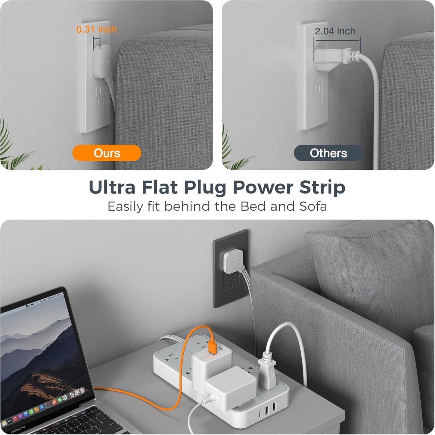 Flat Plug 15 FT Extension Cord, TESSAN Surge Protector Power Strip with 8 AC and 3 USB(1USB-C) Ports, 1080J Protection, Wall Mount Widely Spaced Charging Station for Home, Office, School, Dorm Room