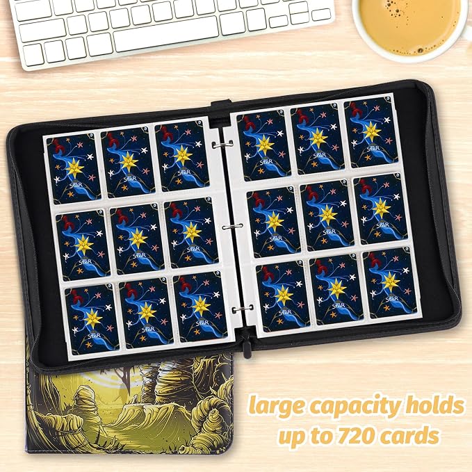 720 Pockets Round Ring Trading Card Binder, 9-Pocket Clear Zipper Card Album with Wrist Strap, Holds 720 Standard TCG Cards Compatible with Sports Baseball Football Game Cards (Yellow Print)