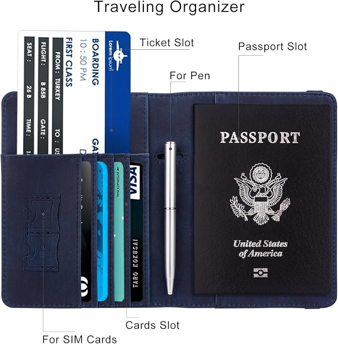 WALNEW Passport Holder for Travel, RFID Passport Wallet, Travel Essentials | PU Leather Passport Cover Case with Pen Holder, Travel Must Haves Accessories, Passport Book Holder for Women Men