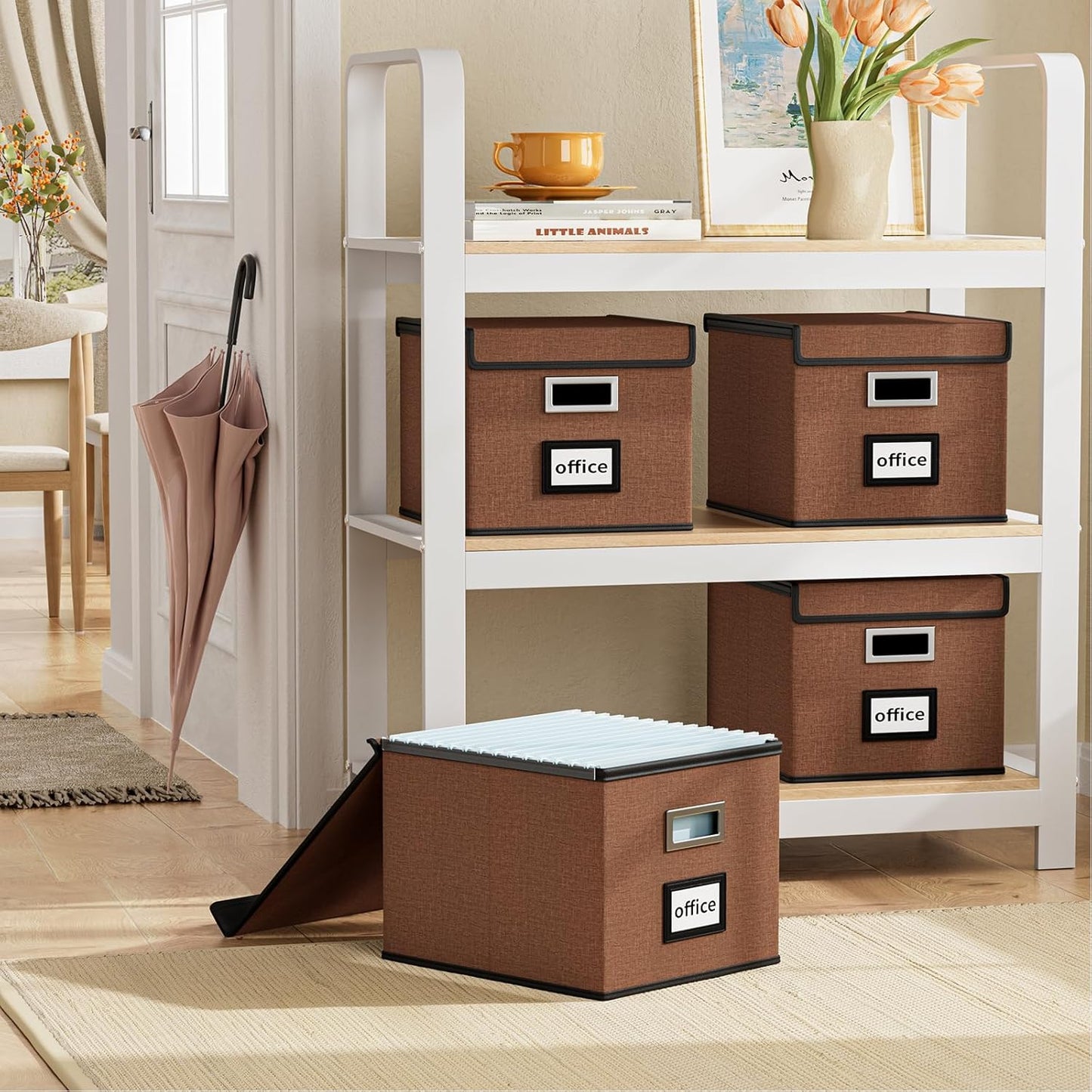 Huolewa Upgrade Portable File Organizer Box with Lid,Large Linen Hanging Office Document Storage Box with Lid,Collapsible Filing&Storage Box for Office/Decor/Home-14.9x12.7x10.8in,1pk-without folders