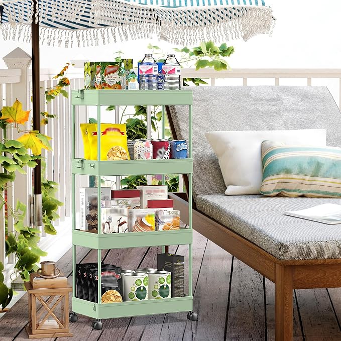4 Tier Rolling Cart with Wheels, Storage Craft Art Trolley Organizer Serving, 3 Hanging Baskets Easy Assembly, for Office, Living Room, Kitchen