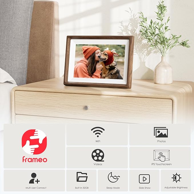 Frameo 10.1" Smart Digital Picture Frame with Walnut Moulding, 16:9 1280p HD IPS Touchscreen Display, 32GB Storage, MicroSD Slot, Plug-in Power, Easy Wireless Photo & Video Sharing, Idea