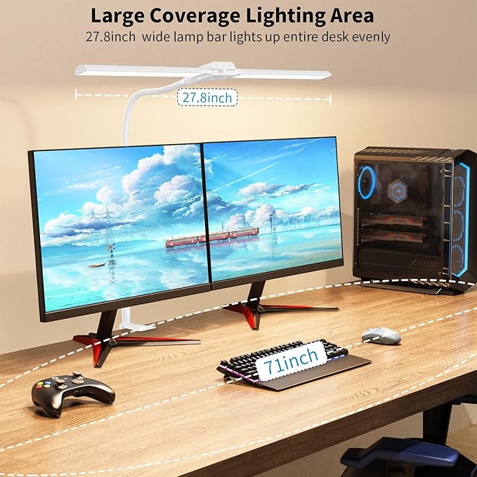LED Desk Lamp with Clamp, Double Head for Dual Screen, 4 Color Modes,White | Eye-Caring 1200LM Desk Lights for Home Office Monitor Computer Workbench,3000-6000K Dimmanle Table Lamp Memory & 30-Min Timer