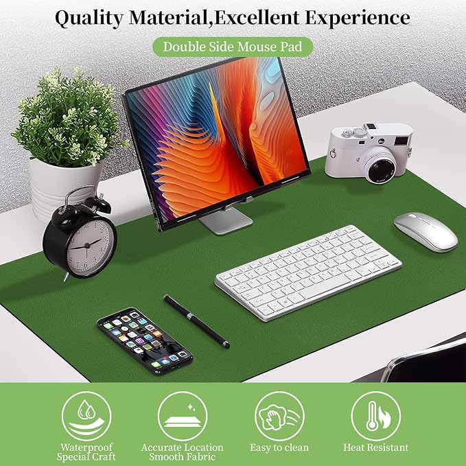 Leather Desk Pad Mat, Green Desk Mat, 31.5" x 15.7" | Non-slip and Waterproof Computer Mat, Large Desk Protector for Office/Home, Desk Accessories