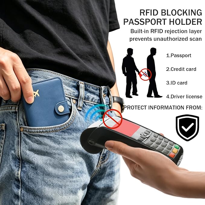 Passport Holder RFID Blocking Travel Wallet, Denim Blue | Passport Cover with Multiple Card Slots, Water-Resistant & Easy-Carry, Must-Have Travel Accessory for Men & Women.